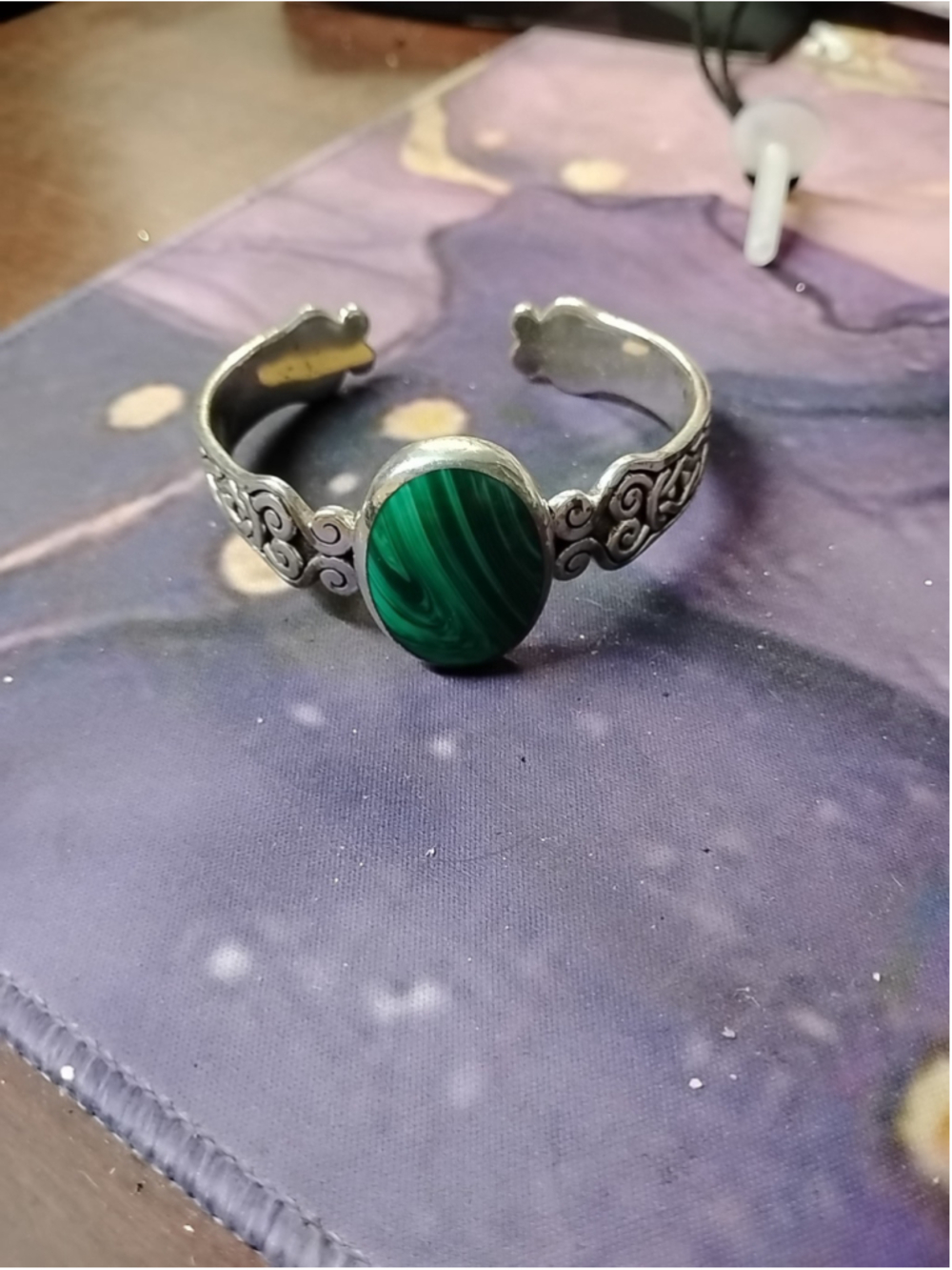 Vtg Sterling Silver Peter Stone Company Lt Malachite Green Spinel Filigree Cuff